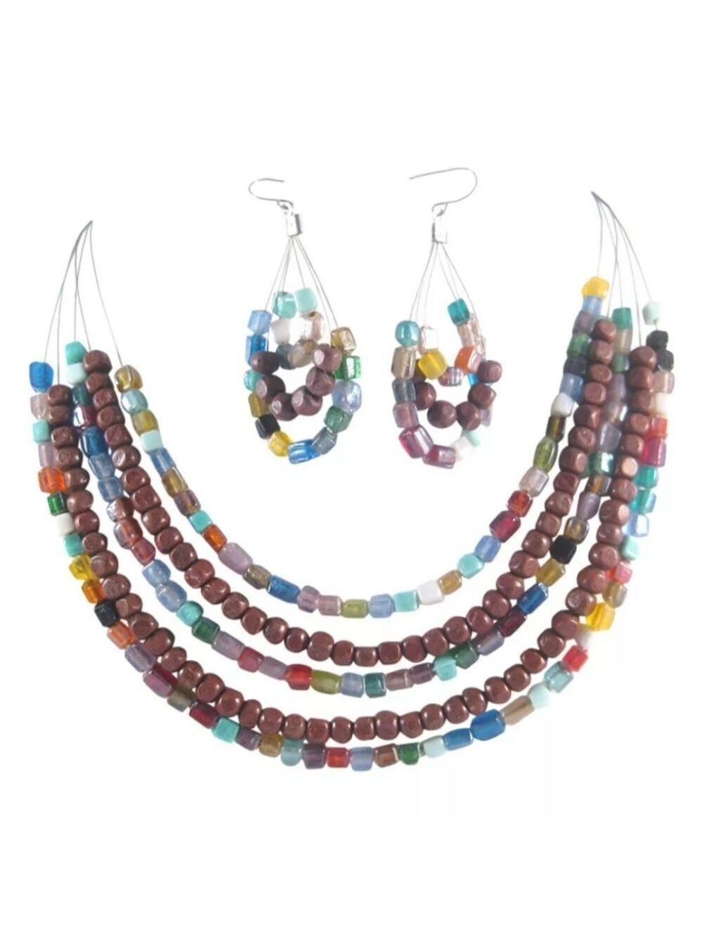 New 5 Row Piano Wire Necklace Earring Set With Wood & Glass Beads NWOT